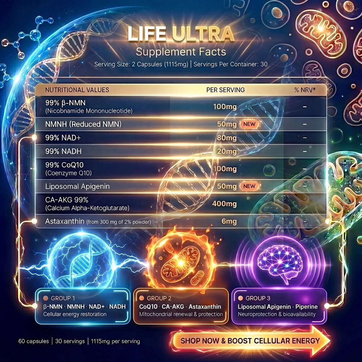 Nutriop® Life ULTRA - Advanced Multi-Pathway Longevity Stack (1115mg)